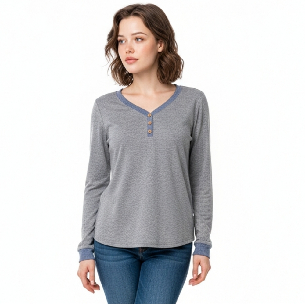 Cici Bird Women's Gray Longsleeve Pullover Shirt XL Rayon Blend 1/4 Button Front